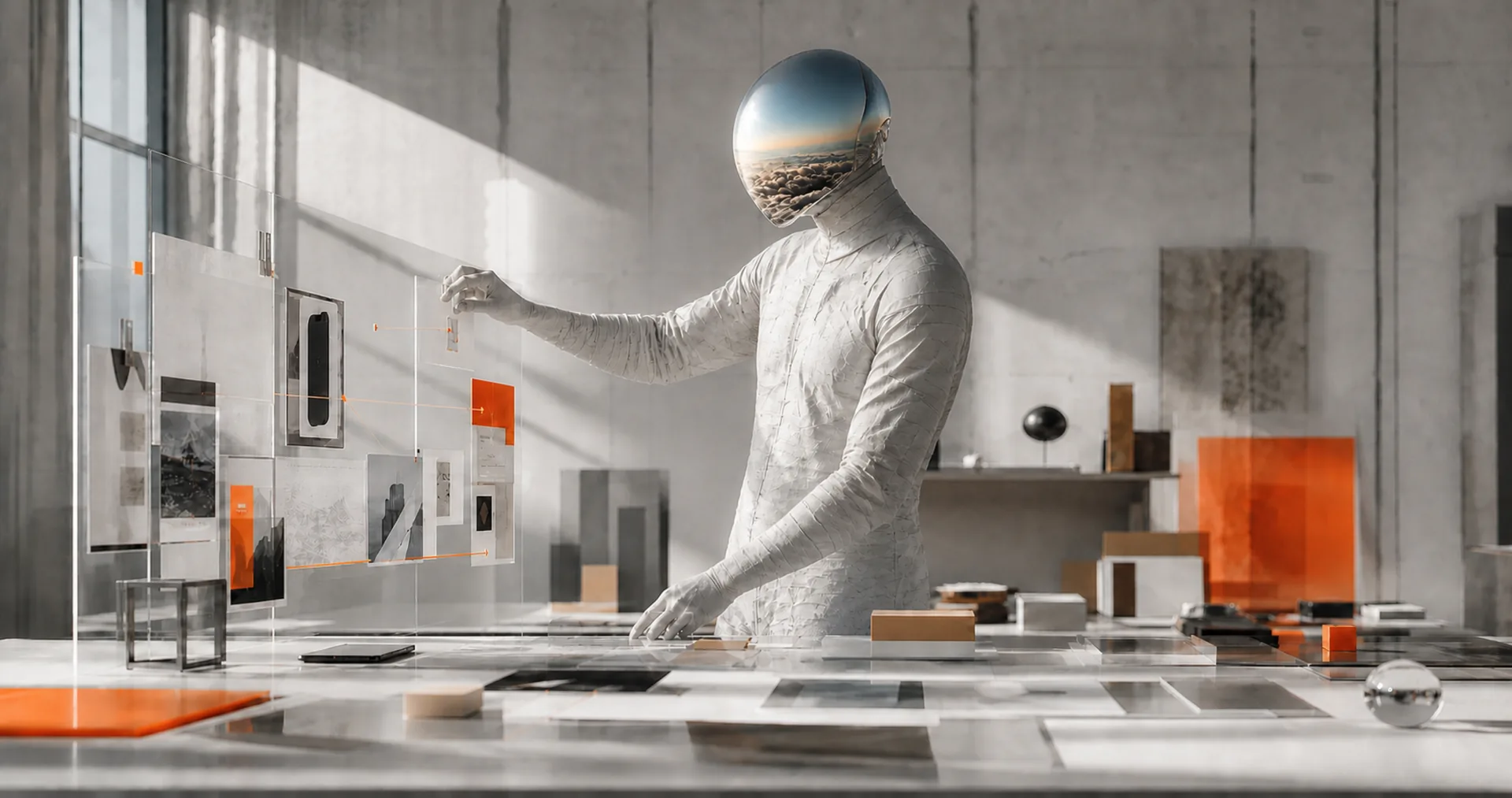 Figura de apariencia futurista organizando un sistema visual dentro de un estudio creativo.