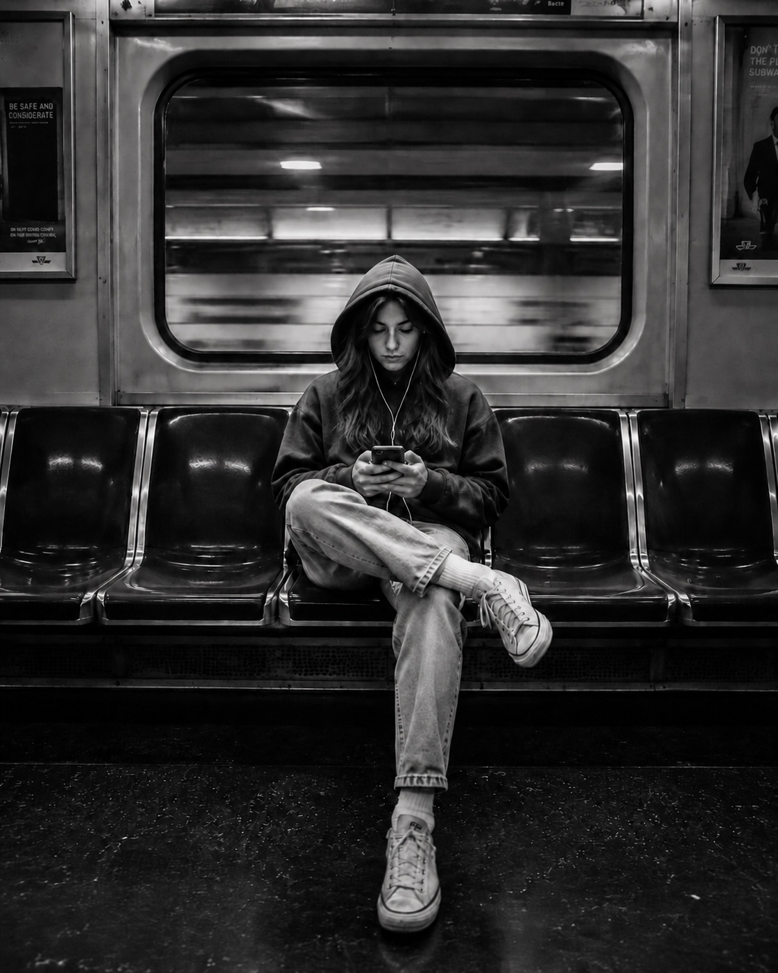Persona trabajando de manera independiente durante un trayecto en metro.